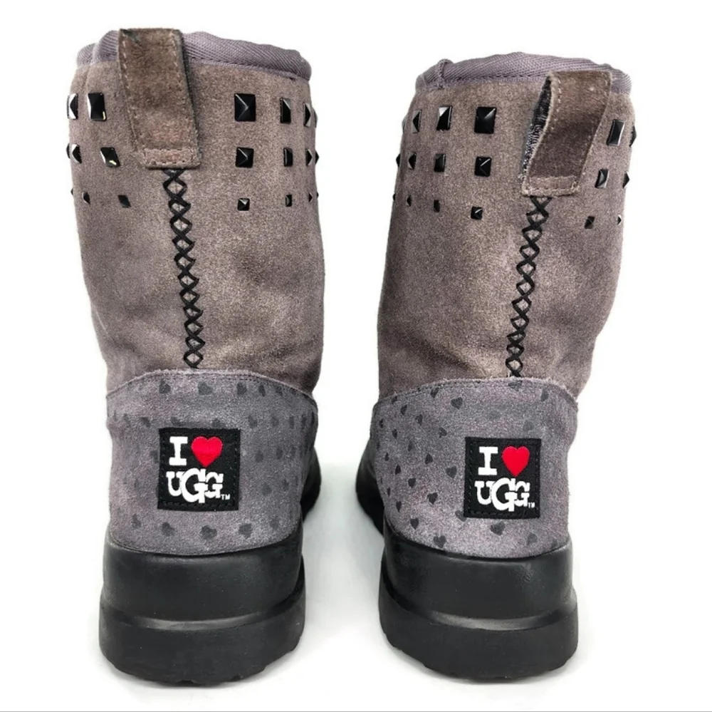 UGG I Heart Rock 'N Roll Grey Printed Hearts Black Studded Pull-On Short Boots